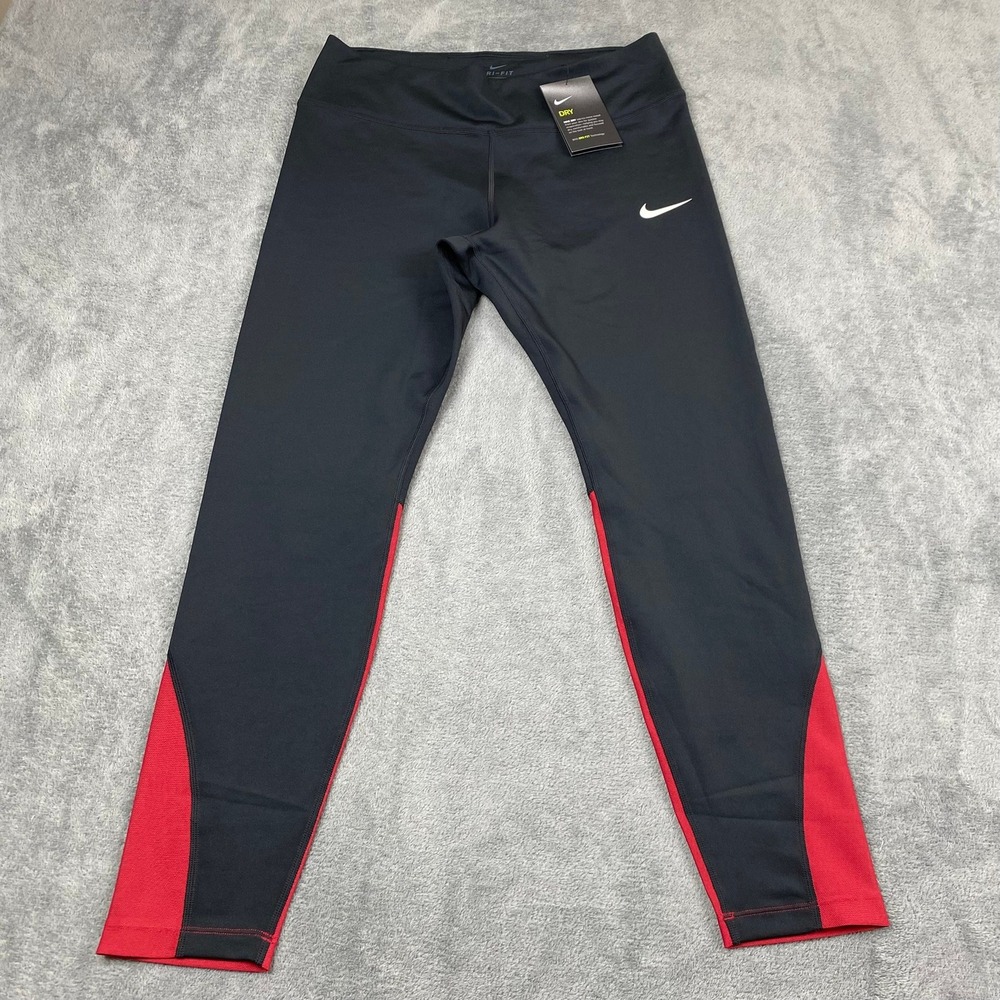 Nike Womens Large Leggings Black Red Dri-FIT Mesh Colorblock Athletic Tights
